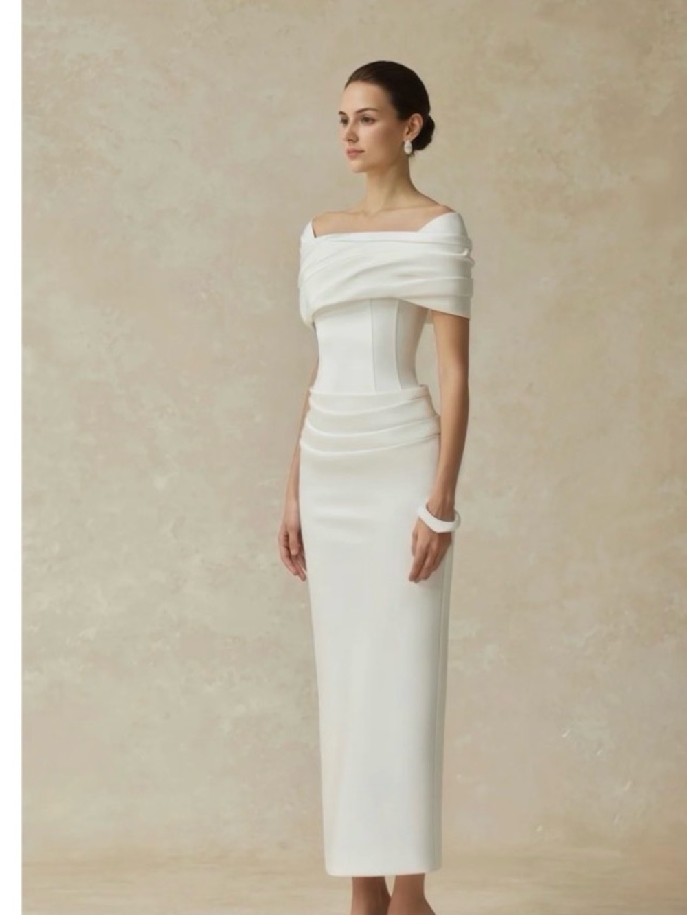 Off-Shoulder White Column Wedding Dress with Draped Bodice